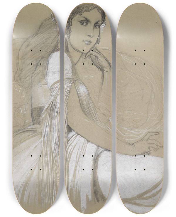 Triptych art skateboard deck of Alphonse Mucha Jaroslava Muchov by Alphonse Mucha (1860-1939)