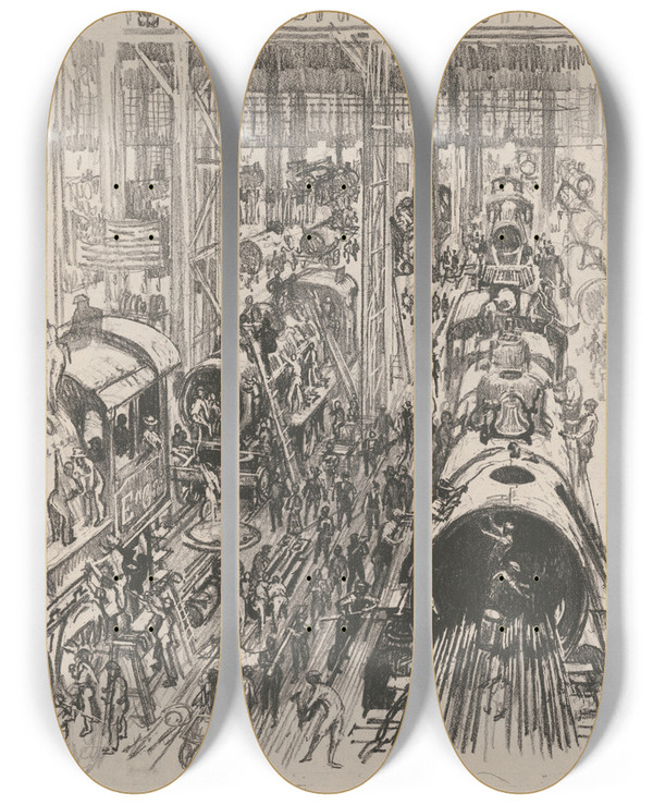Triptych art skateboard deck of Joseph Pennell Building Engines For The Allies by Joseph Pennell (1857-1926)