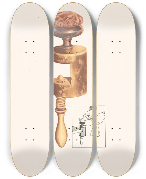 Triptych art skateboard deck of Frank Eiseman Sewing Screw by Frank Eiseman