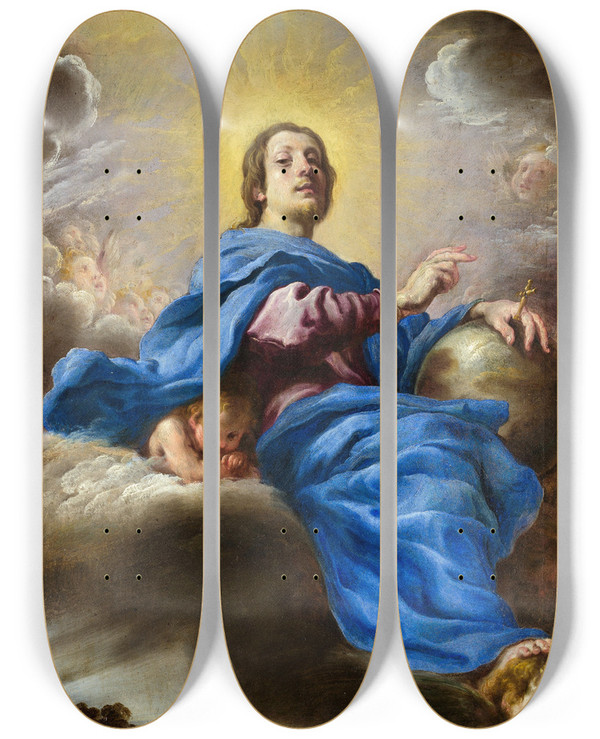 Triptych art skateboard deck of Domenico Fetti Salvator Mundi by Domenico Fetti (1589-1623)