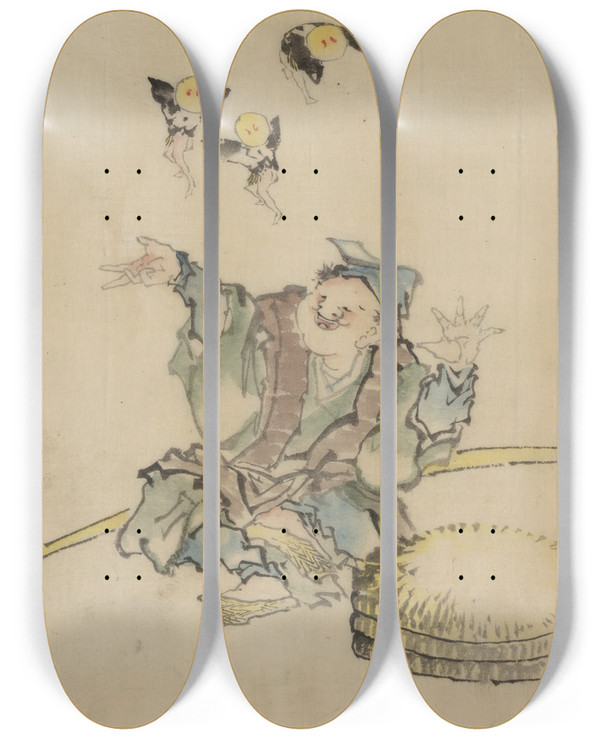 Triptych art skateboard deck of Katsushika Hokusai A Man Sitting On The Ground by Katsushika Hokusai (1760-1849)