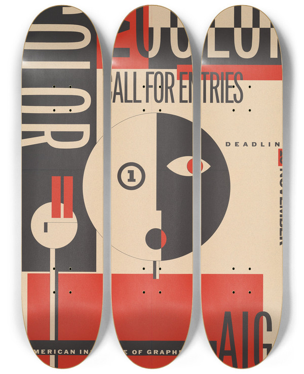 Triptych art skateboard deck of Michael Mabry One Color Two Color Call For Entry Aiga by Michael Mabry (1955)