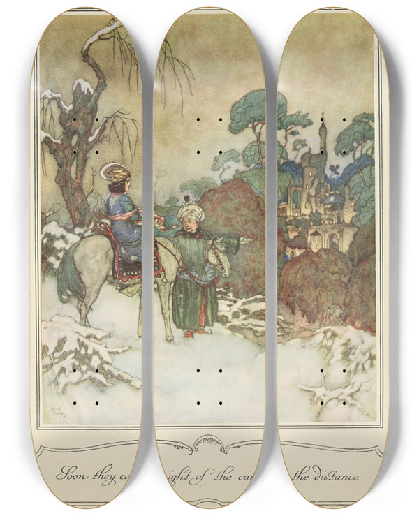 Triptych art skateboard deck of Edmund Dulac Soon They Caught Sight Of The Castle In The Distance_2 by Edmund Dulac (1882-1953)