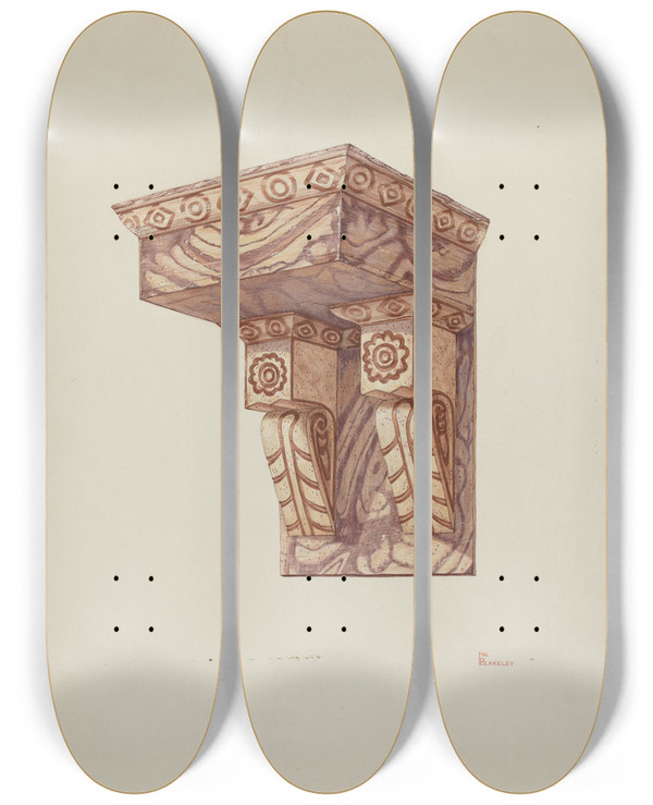 Triptych art skateboard deck of Hal Blakeley Bracket For Wall Ecclesiastical by Hal Blakeley