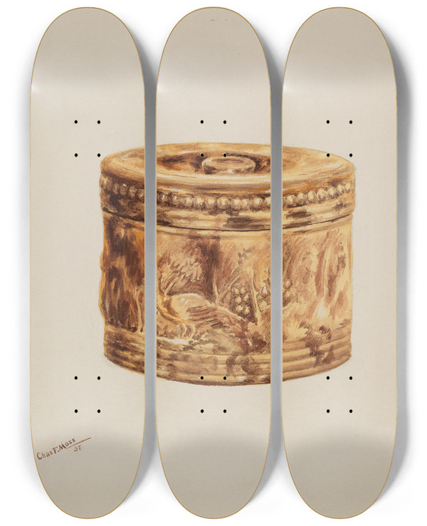 Triptych art skateboard deck of Charles Moss Butter Crock by Charles Moss
