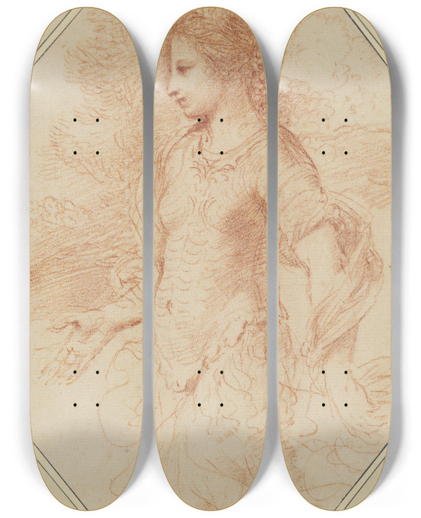 Triptych art skateboard deck of Guercino Erminia by Guercino (1591-1666)