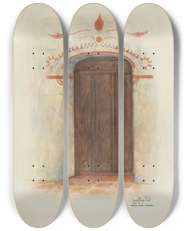 Triptych art skateboard deck of Geoffrey Holt And Harry Mann Waddell Restoration Drawing Wall Painting And Door Facade Mission House by Geoffrey Holt And Harry Mann Waddell