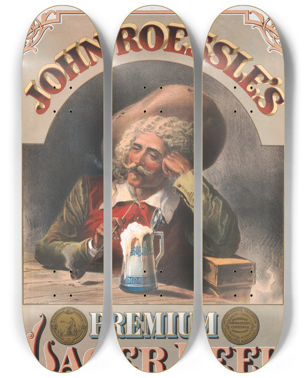 Triptych art skateboard deck of Ra Liebler John Roessles Premium Lager Beer by R.A. Liebler (19-20-)
