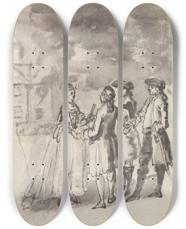 Triptych art skateboard deck of Samuel Wale The Theatregoers by Samuel Wale (1721-1786)