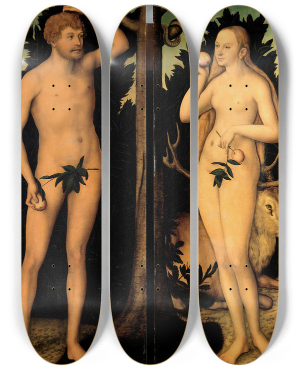 Triptych art skateboard deck of Lucas Cranach The Younger Adam And Eve by Lucas Cranach the Younger (1515-1586)