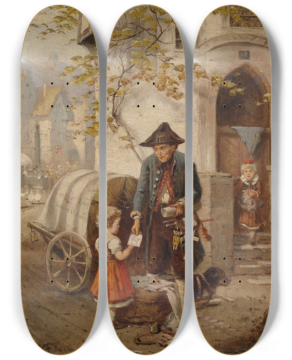 Triptych art skateboard deck of Fritz Beinke Der Spielzeugverkufer by Fritz Beinke (1842-1907)
