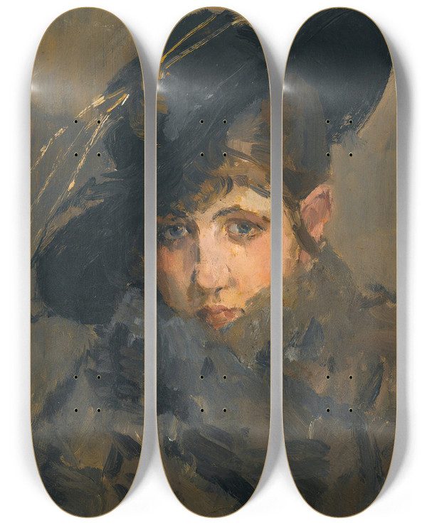 Triptych art skateboard deck of Isaac Israls A Lady In A Hat With A Fur Collar by Isaac Israels (1865-1934)