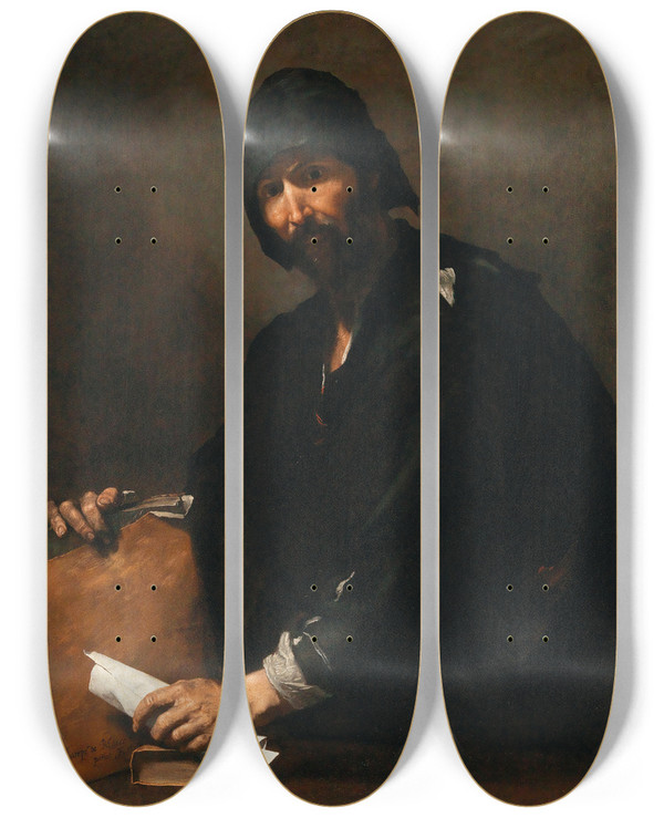 Triptych art skateboard deck of Jusepe De Ribera Heraclitus by Jusepe de Ribera (1591-1652)