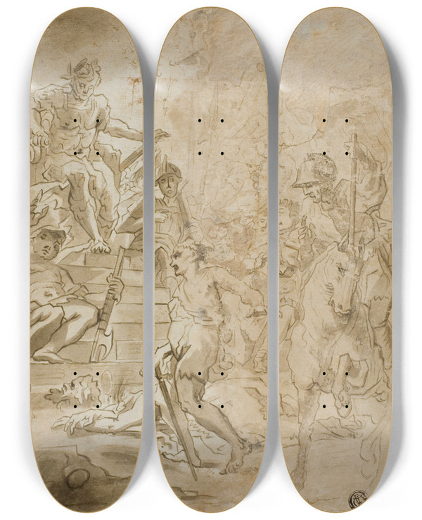 Triptych art skateboard deck of Cornelis Schut Beheading Of Male Saint In Presence Of Roman Ruler by Cornelis Schut (1597-1655)