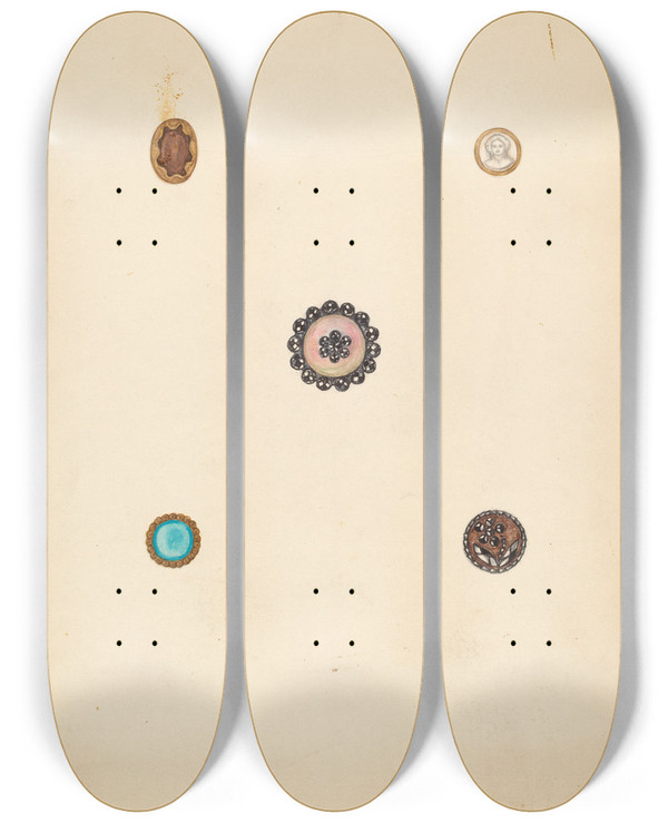 Triptych art skateboard deck of Mary Fitzgerald Buttons_2 by Mary Fitzgerald