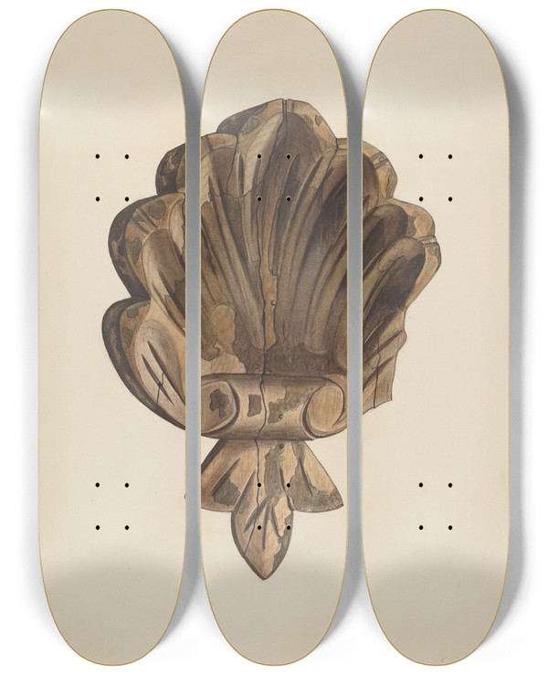 Triptych art skateboard deck of Clayton Clements Wood Carving Shell by Clayton Clements