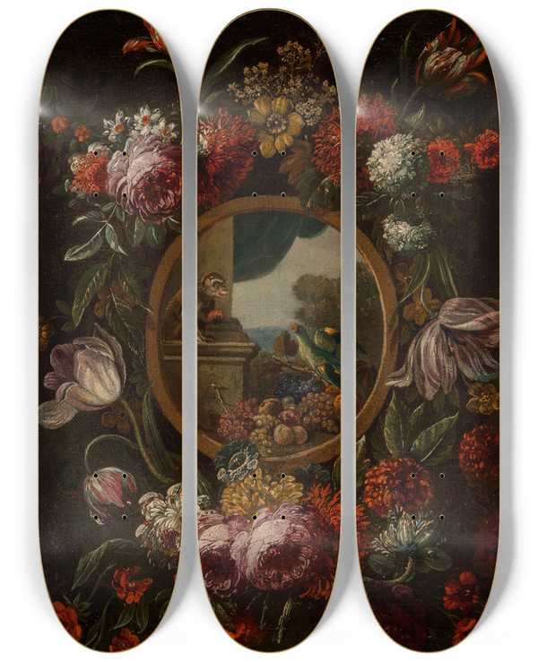 Triptych art skateboard deck of Circle Of Karel Van Vogelaer A Garland Of Flowers Encircling A Tondo With Fruit Monkey And Parrot by Circle of Karel van Vogelaer (1653-1695)