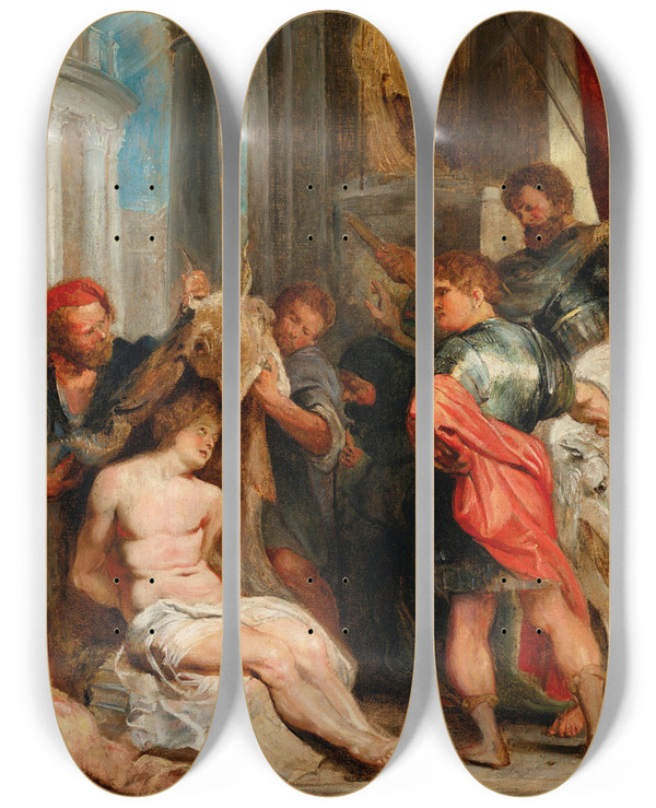 Triptych art skateboard deck of Peter Paul Rubens The Torture Of Saint Chrysanthus by Peter Paul Rubens (1577-1640)