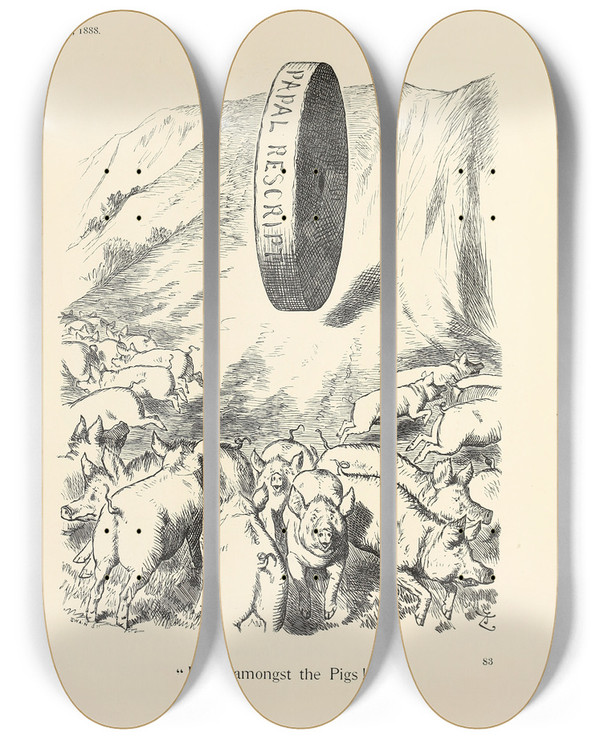 Triptych art skateboard deck of Sir John Tenniel Panic Amongst The Pigs by Sir John Tenniel (1820-1914)