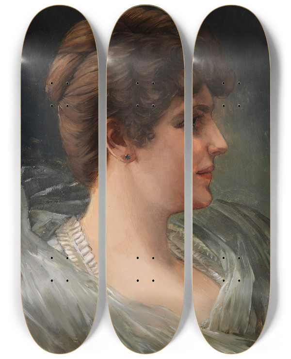 Triptych art skateboard deck of Wilhelm Trbner Bildnis Einer Dame Im Profil by Wilhelm Trubner (1851-1917)