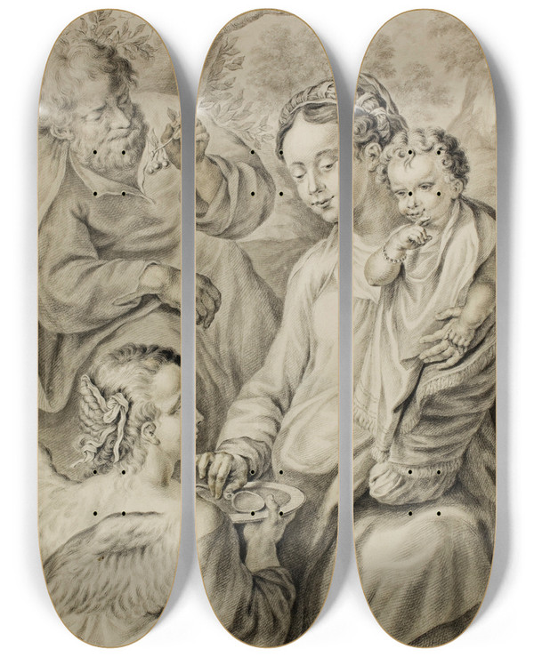 Triptych art skateboard deck of Abraham Delfos Virgin Feeding Porridge To The Christ Child With Saint Joseph And Kneeling Angel by Abraham Delfos (1721-1820)