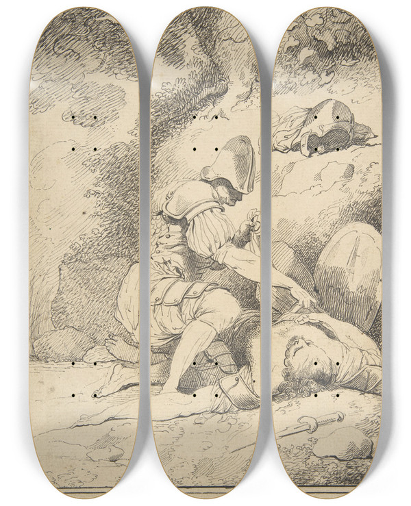 Triptych art skateboard deck of John Hamilton Mortimer Stripping The Slain by John Hamilton Mortimer (1740-1779)