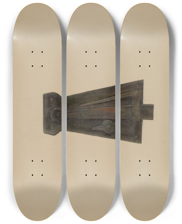 Triptych art skateboard deck of Henry Meyers Wrought Iron Latch Lock by Henry Meyers (20-)