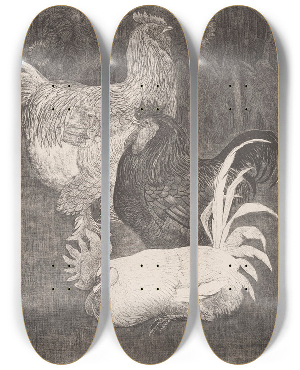 Triptych art skateboard deck of Theo Van Hoytema Drie Hanen by Theo Van Hoytema (1863-1917)