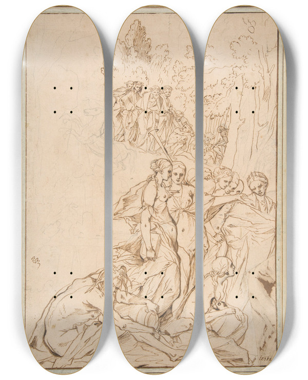 Triptych art skateboard deck of Pietro Testa Allegorical Figures On Mount Parnassus Study For The Etching Triumph Of Painting by Pietro Testa (1612-1650)