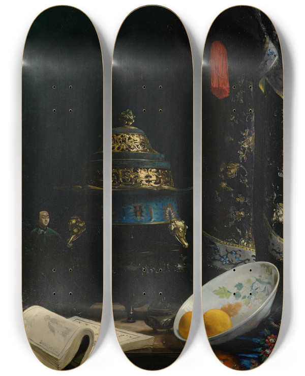 Triptych art skateboard deck of Ea Baron Deslandes Still Life Featuring An18Th Century Chinese Censer Porcelain Enameled Dish And Qing Dynasty Courtiers Hat by E A Baron Deslandes (-19-)