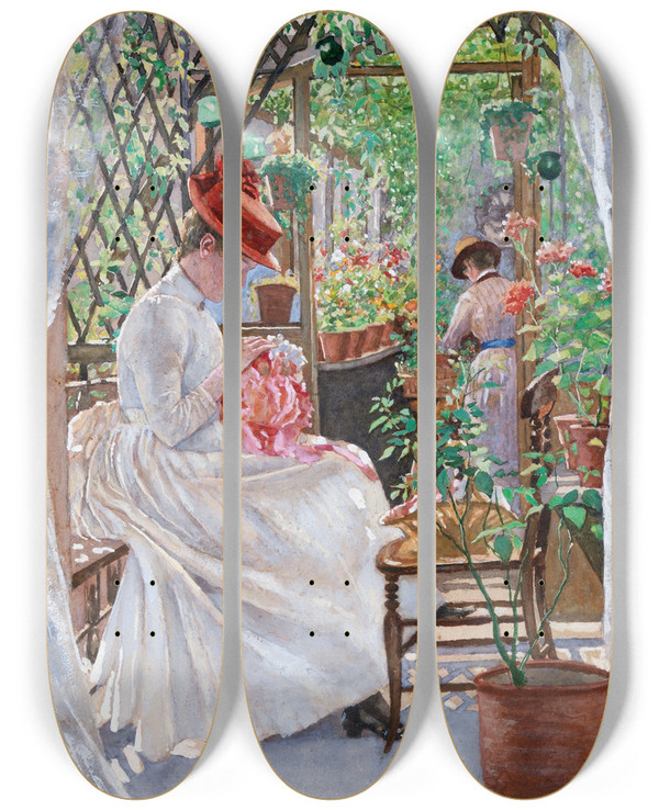 Triptych art skateboard deck of Aloysius Okelly In The Conservatory by Aloysius Okelly (1853-1936)
