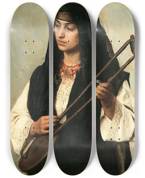 Triptych art skateboard deck of Marie Mller Portrait Of An Egyptian Woman With Tanbura by Marie Muller (1847-1935)