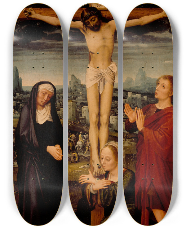 Triptych art skateboard deck of Adriaen Isenbrandt The Crucifixion_1 by Adriaen Isenbrandt (1480-1551)