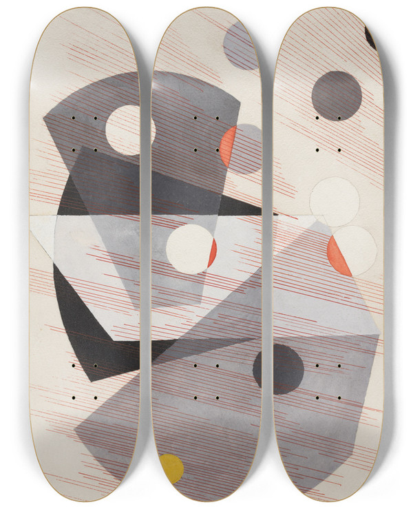 Triptych art skateboard deck of Lszl Moholynagy Grey Overlappings by Laszlo Moholy Nagy (1895-1946)