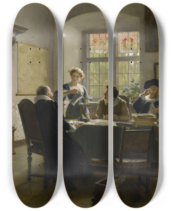 Triptych art skateboard deck of Max Volkhart A Toast by Max Volkhart (1848-1935)