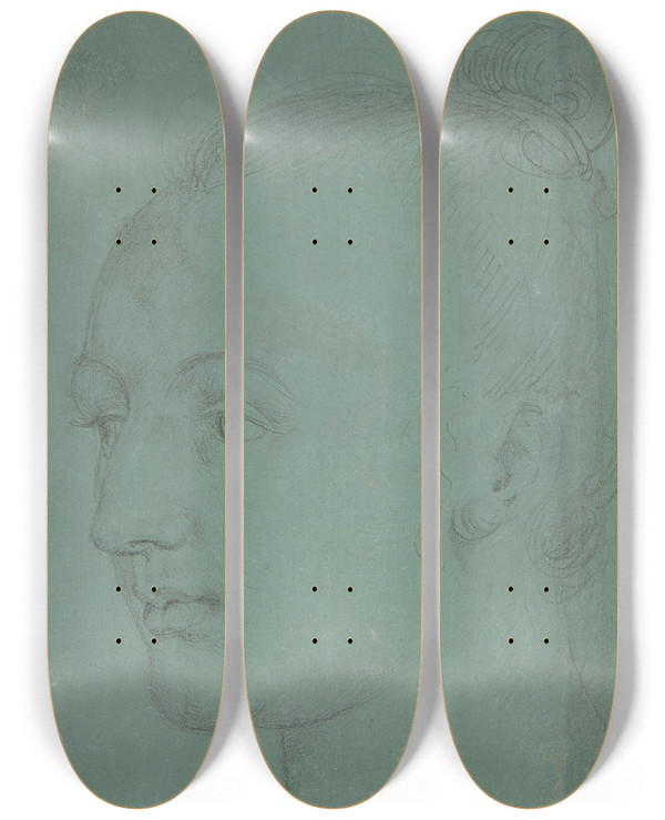 Triptych art skateboard deck of Albrecht Drer Head Of A Young Woman by Albrecht Durer (1471-1528)
