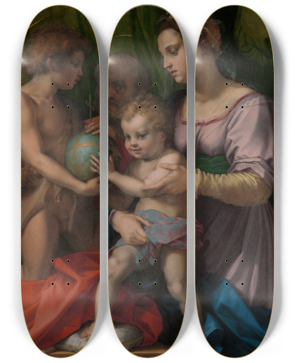 Triptych art skateboard deck of Andrea Del Sarto The Holy Family With The Young Saint John The Baptist by Andrea del Sarto (1486-1530)