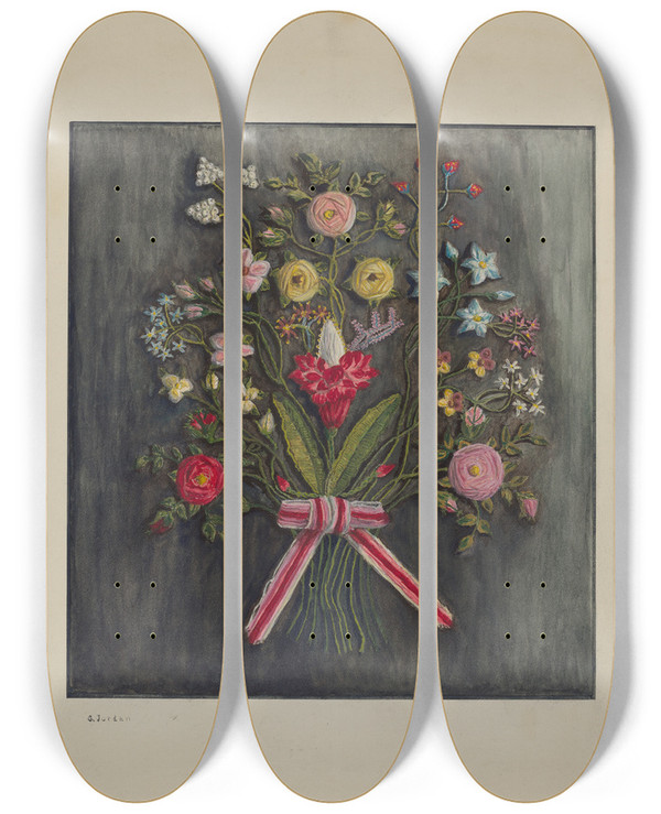 Triptych art skateboard deck of Genevieve Jordan Crewel Wreath_1 by Genevieve Jordan