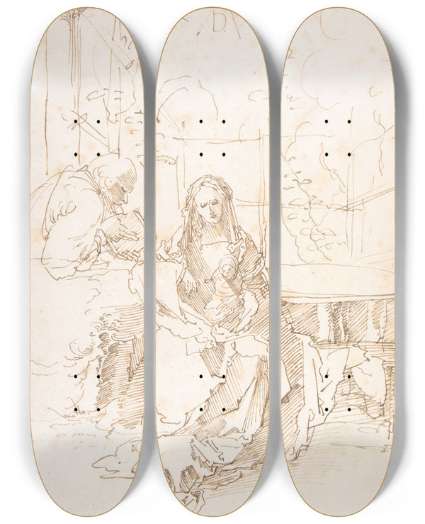 Triptych art skateboard deck of Albrecht Drer The Holy Family In An Enclosed Garden by Albrecht Durer (1471-1528)