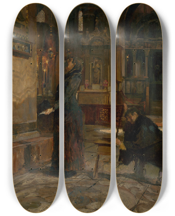 Triptych art skateboard deck of Dominik Skuteck Interior Scene by Dominik Skutecky (1849-1921)