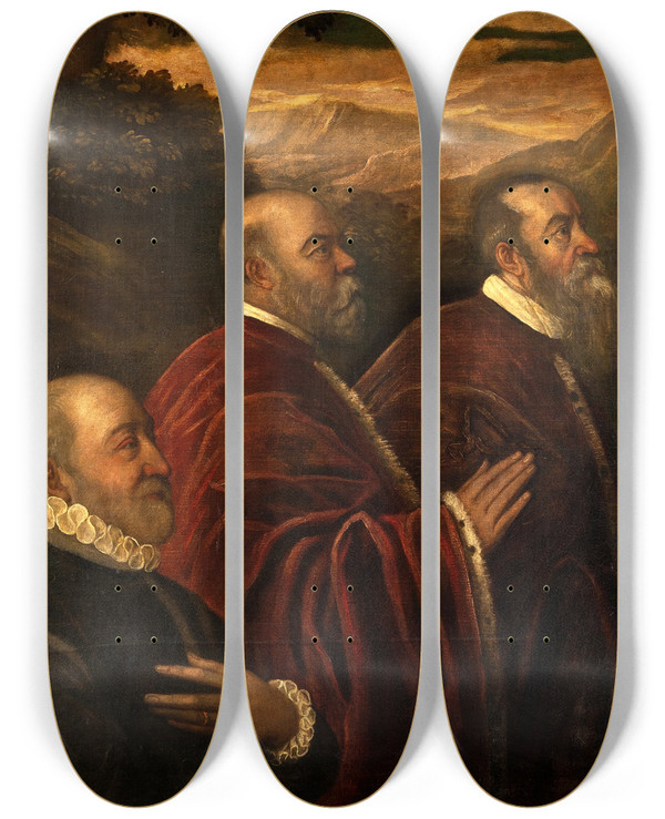 Triptych art skateboard deck of School Of Jacopo Tintoretto Three Venetian Counsellors by School Of Jacopo Tintoretto (1518-1594)