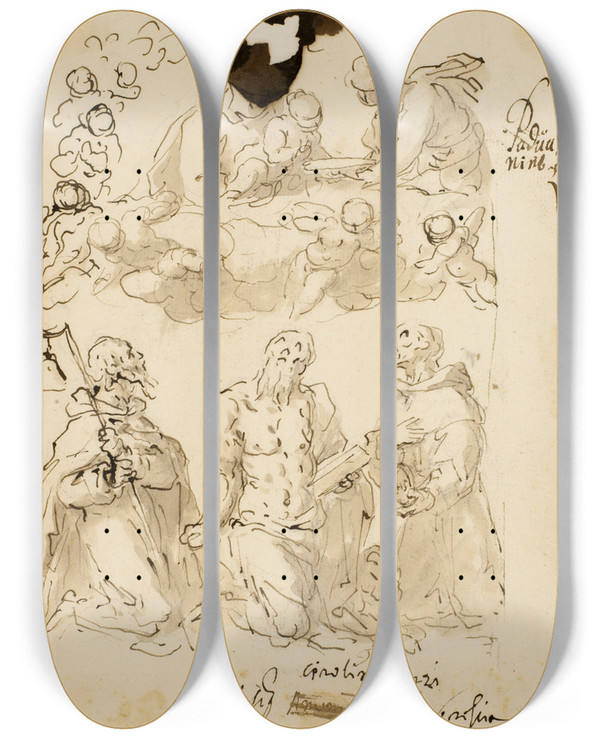 Triptych art skateboard deck of Jacopo Palma Il Giovane Skt Antonius Skt Hieronymus Og Skt Bernardin Med Jomfru Maria Og Jesusbarnet Omgivet Af Englebrn by Jacopo Palma Il Giovane (1548-1628)