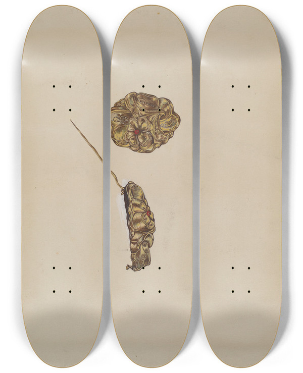 Triptych art skateboard deck of Grace Halpin Brooch by Grace Halpin