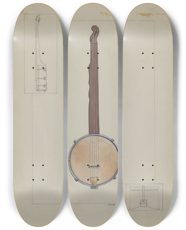 Triptych art skateboard deck of Floyd R Sharp Plantation Banjo by Floyd R Sharp