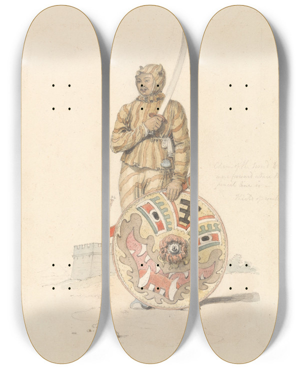 Triptych art skateboard deck of William Alexander A Chinese Warrior by William Alexander (1767-1816)