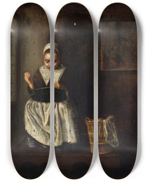 Triptych art skateboard deck of Nicolaes Maes A Girl Sewing by Nicolaes Maes (1634-1693)