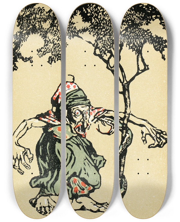Triptych art skateboard deck of Willy Pogany Fortyfour Turkish Fairy Tales Pl 14 by Willy Pogany (1882-1955)
