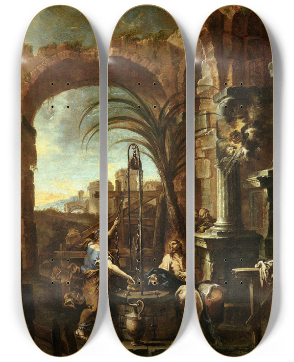 Triptych art skateboard deck of Alessandro Magnasco Christ And The Samaritan Woman by Alessandro Magnasco (1667-1749)