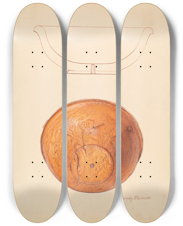 Triptych art skateboard deck of Beverly Chichester Walnut Burl Bowl by Beverly Chichester (20-)