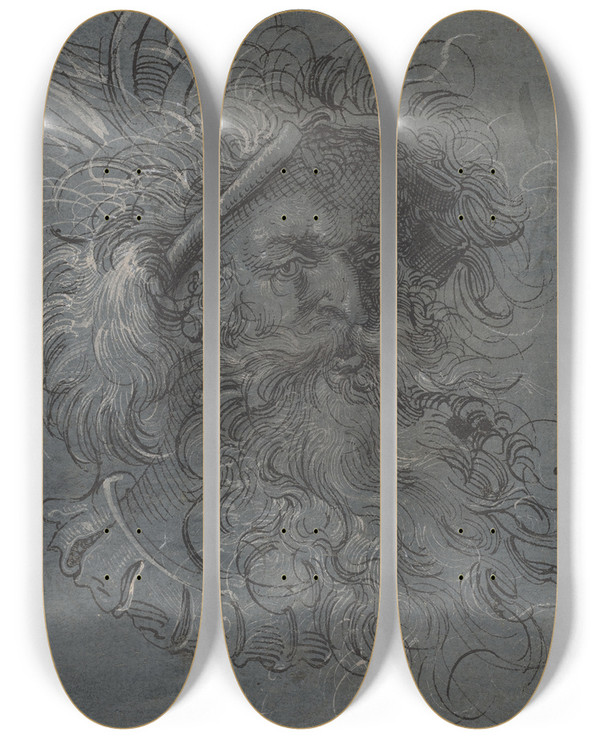 Triptych art skateboard deck of Jost Amman Head Of A Bearded Man by Jost Amman (1539-1591)